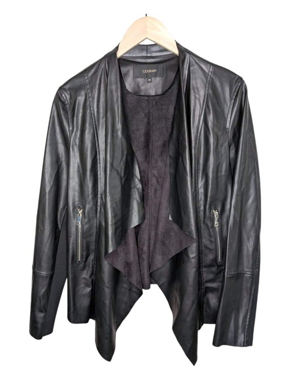 Golbary Womens Black Faux Leather Open Front Waterfall Moto Jacket Size 42